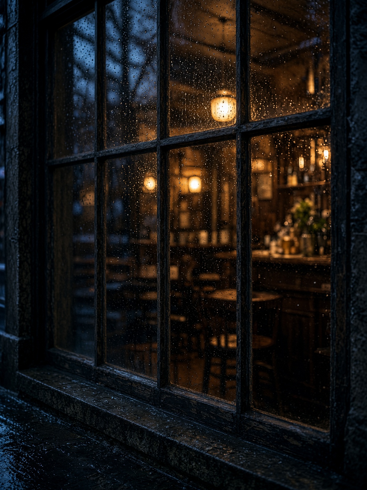 A pub window at night, warm light behind cold glass